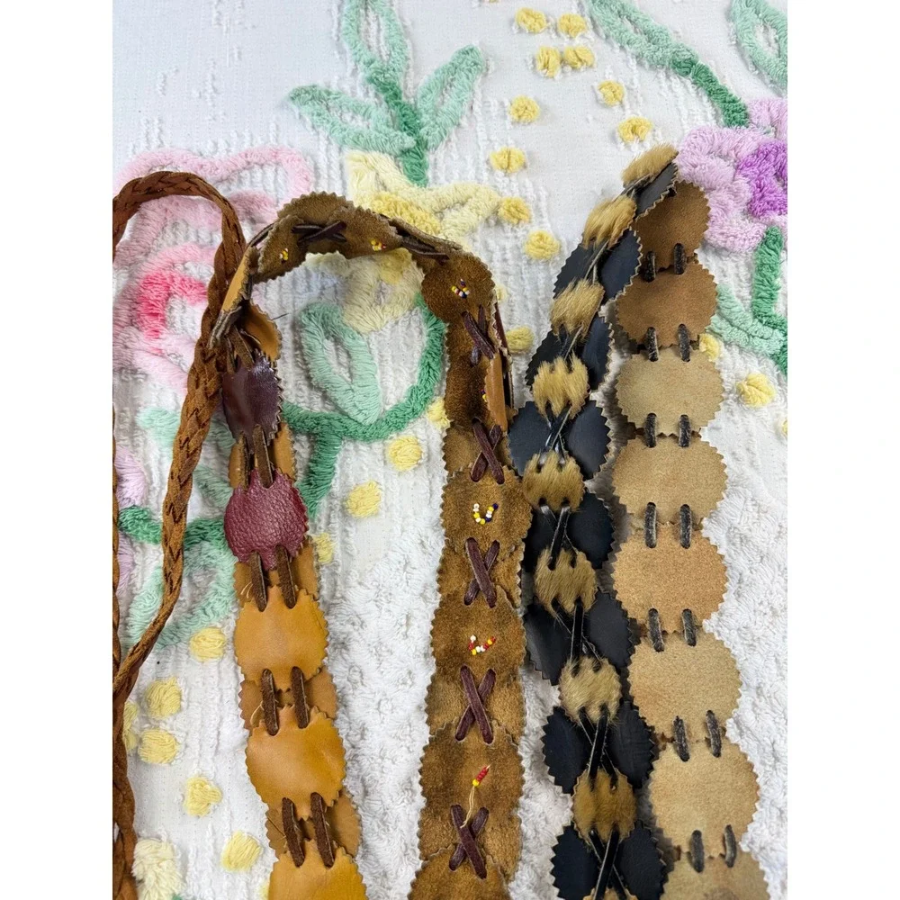 Boho 60 s Leather‎ Beaded Fur Belt Set 3 Women's Western Hippie Accessories